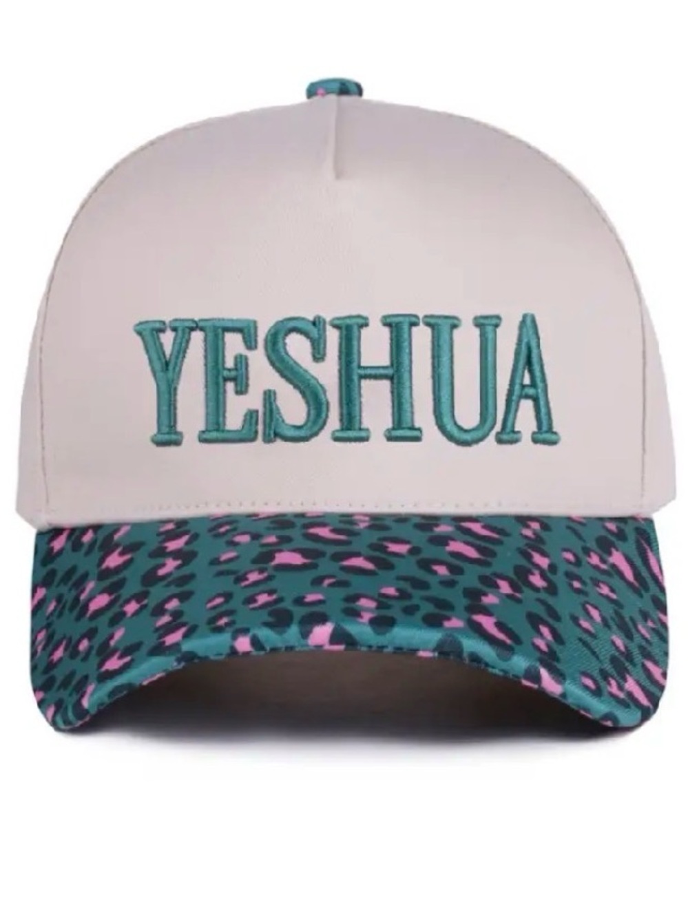 “YESHUA” Embroidered Baseball Cap | Cream Turquoise Cougar Faith Trucker Hat NWT